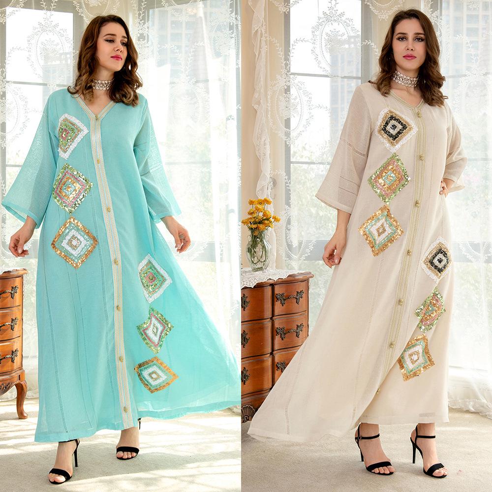 AB185 Cross-border Cotton Linen Abaya with Sequin Embroidery – Loose Fit Fashion Robe