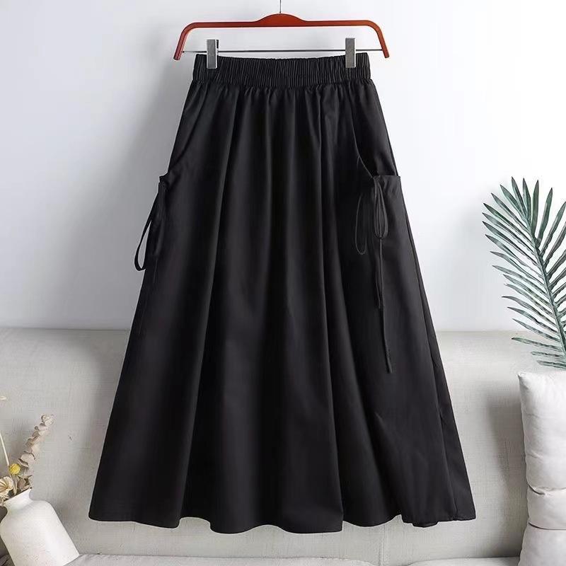 Drawstring midi skirt for women, 2026 summer new style, versatile solid color, drawstring pocket, elastic waist, mid-length workwear skirt