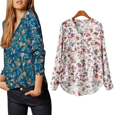 Women Casual Long Sleeve V-neck Floral Print Shirt Chiffon Blouse Irregular Top