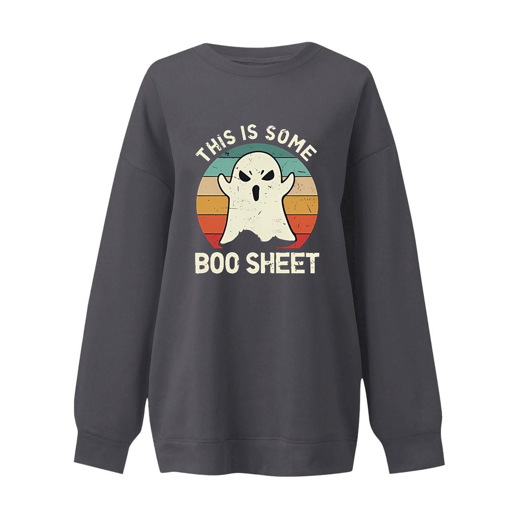 Women's Halloween Print Pullover Round Neck Drop Shoulder Long Sleeved Blouse