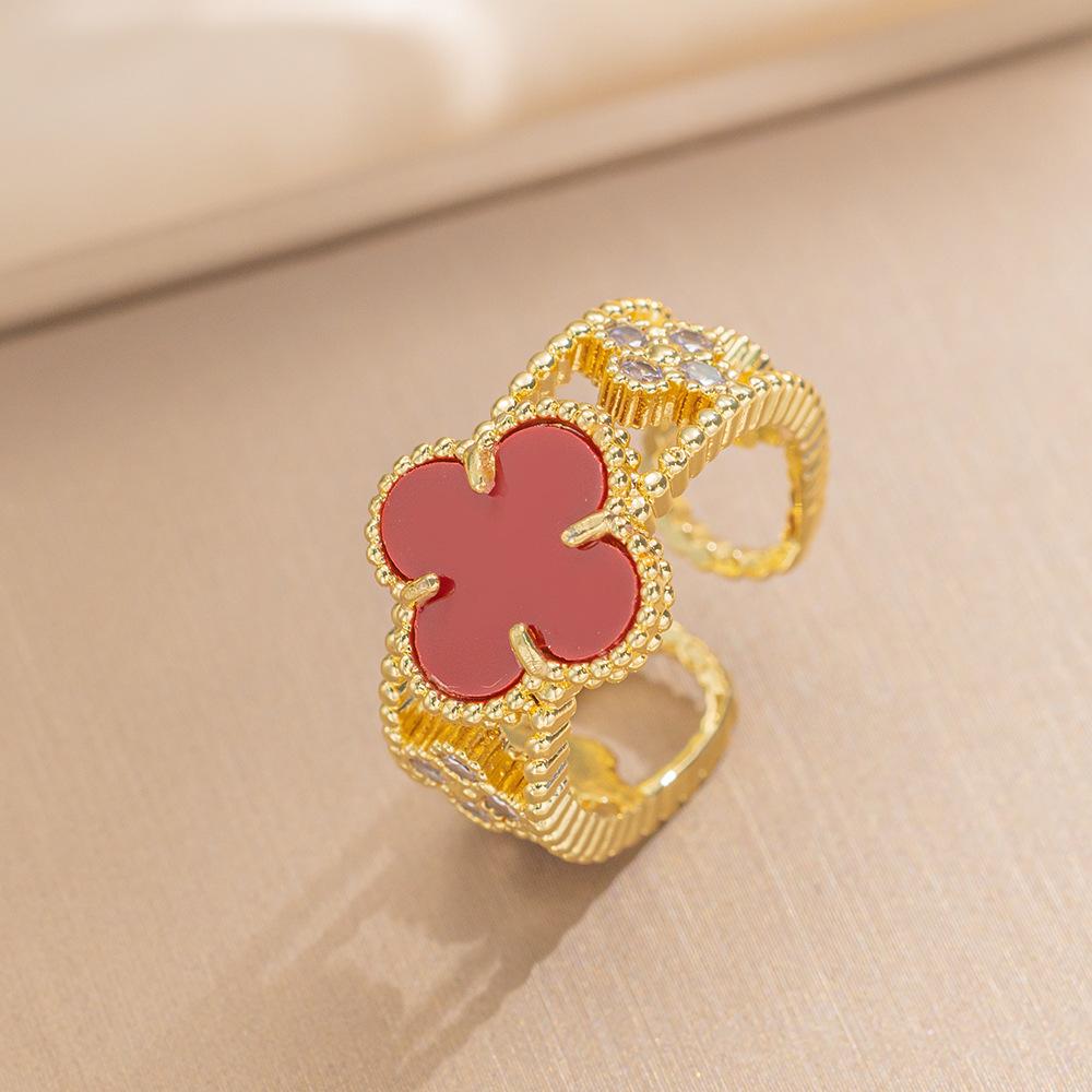 Fashion Ring Senior Sense of Light Luxury Four-leaf Clover Zirconia Ring Female Retro Opening Adjustable Ring
