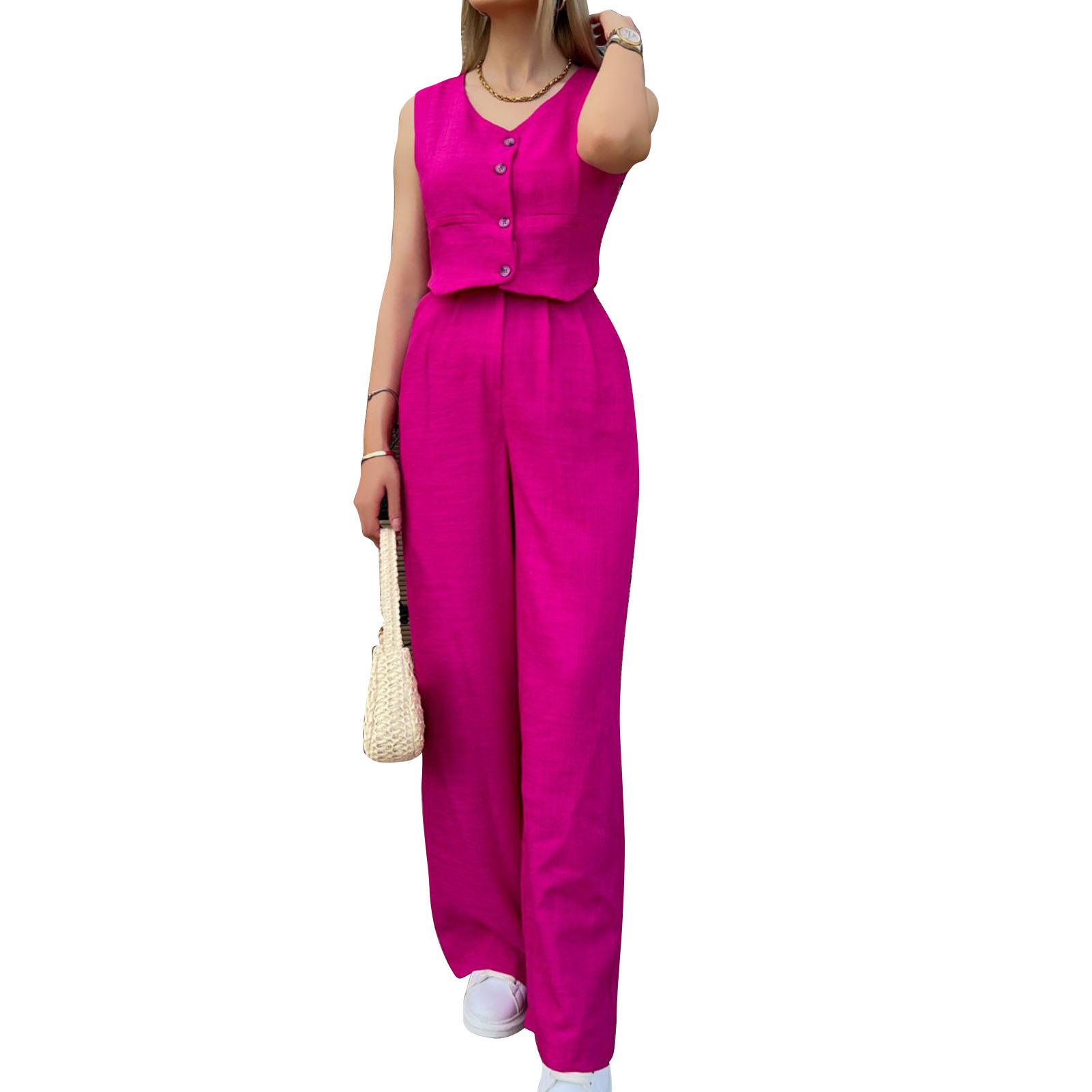 

Женский комплект из двух частей: топ, длинные брюки, без рукавов, V-образный вырез, застежка на пуговицы, широкие штанины, повседневный комплект L розы красного