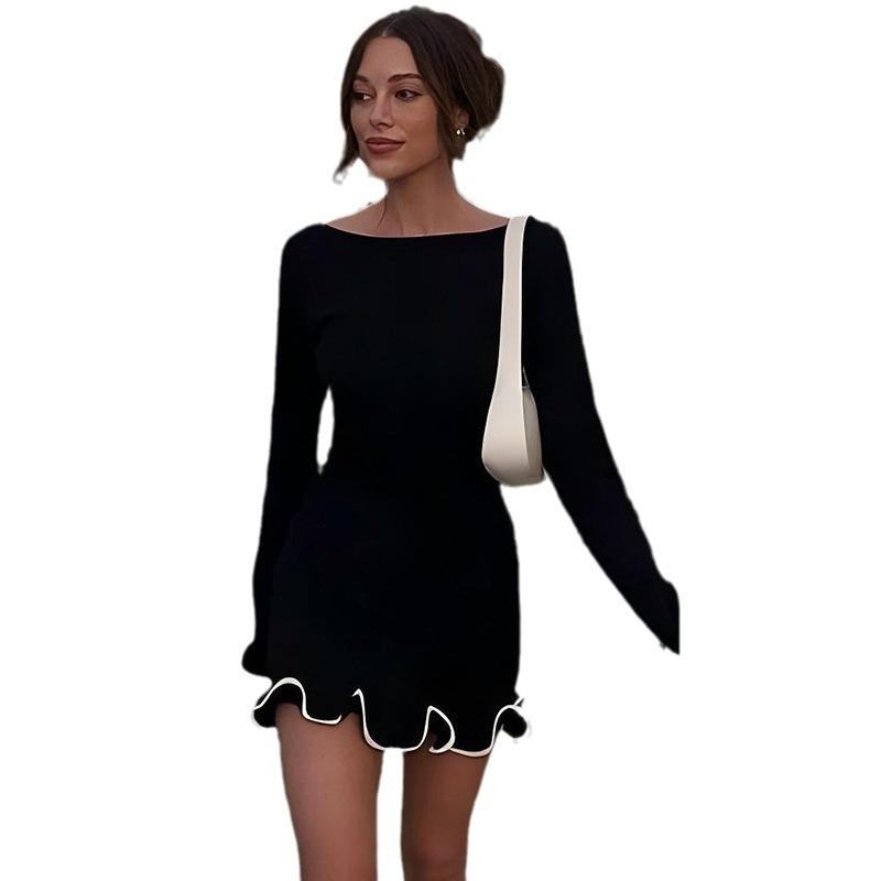 Rundhalsausschnitt Lange Ärmel Rüschen Patchwork Bodycon Mini Kleid Sexy Elegantes Outfit Party Club Streetwear Herbst Winter Kleidung