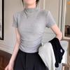 Women's Mock Neck Short Sleeve Tee Slim Fit Commuter Ruched Solid Color Polyester Crop Basic Layering Blouse Summer Daily Top