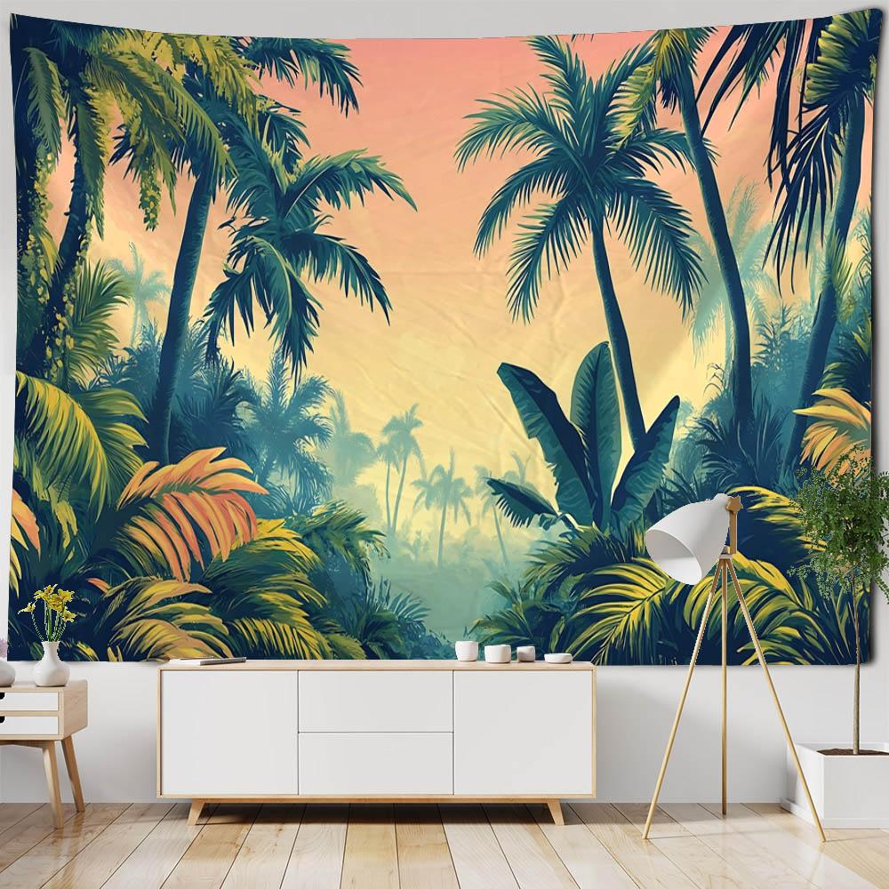 Coconut Tree Sunrise Tapestry Retro Sea View Oil Painting Art Wall Hanging Home Decoration Hippie Wall Background Poster