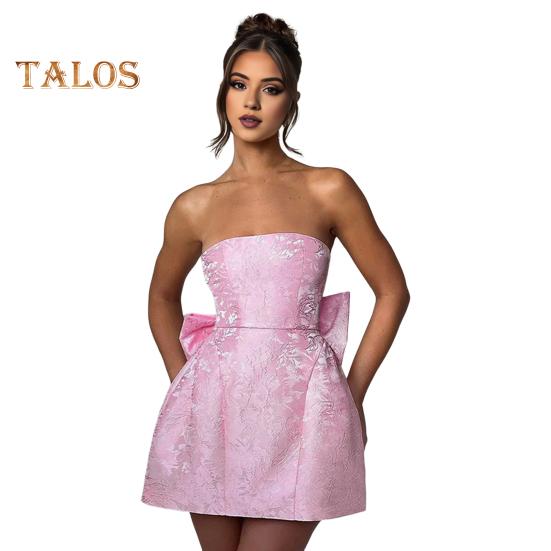 Women Evening Dress Big Bow Decor Bandeau Off Shoulder Floral Texture Sleeveless Lace-up A-line Backless Prom Cocktail Party Ball Gown Summer Mini