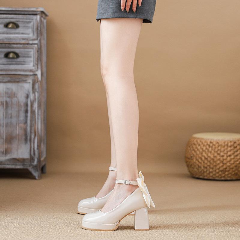 Spring New Inner Height Increase Thick Heel Mary Jane Women's Waterproof Table High-end Bow Wedding Shoes Single Shoes Bridesmaid Shoes