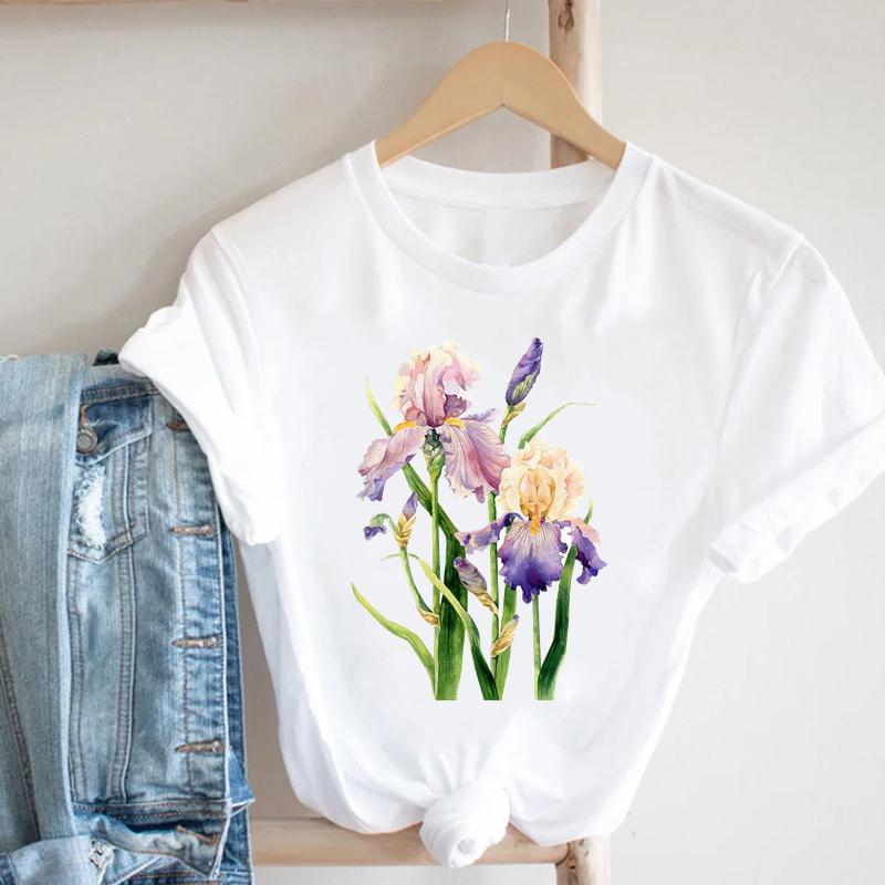 (European Size) 90s Flower Spring Short Sleeve Tee Top Fashion T-shirt Clothing  90s Casual Women Print Summer Lady Female Graphic T-shirt