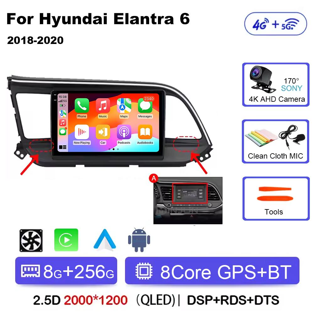 For Hyundai Elantra 6 2018 2019 2020 Car Radio Multimedia Video GPS Android 14 Wireless Apple Carplay QLED Screen Head Unit