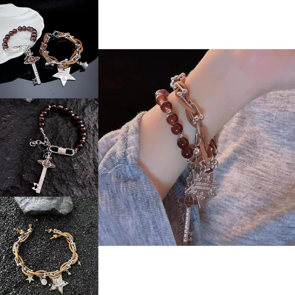 Brown Cool Leather Star Bracelet With Beads Trendy Style 2023 Winter