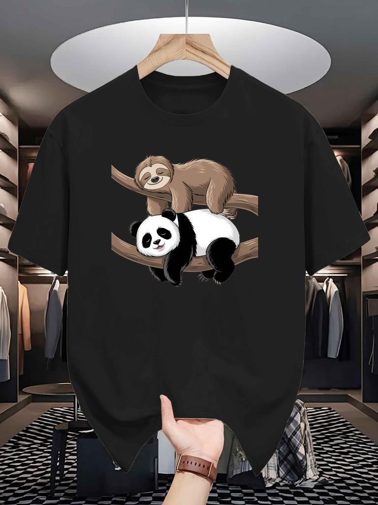 Unisex Crew Neck Tee Lazy Sloth Panda Cute Cartoon Graphic Print Soft Cotton Loose Short Sleeve Summer Casual Male Streetwear Tops