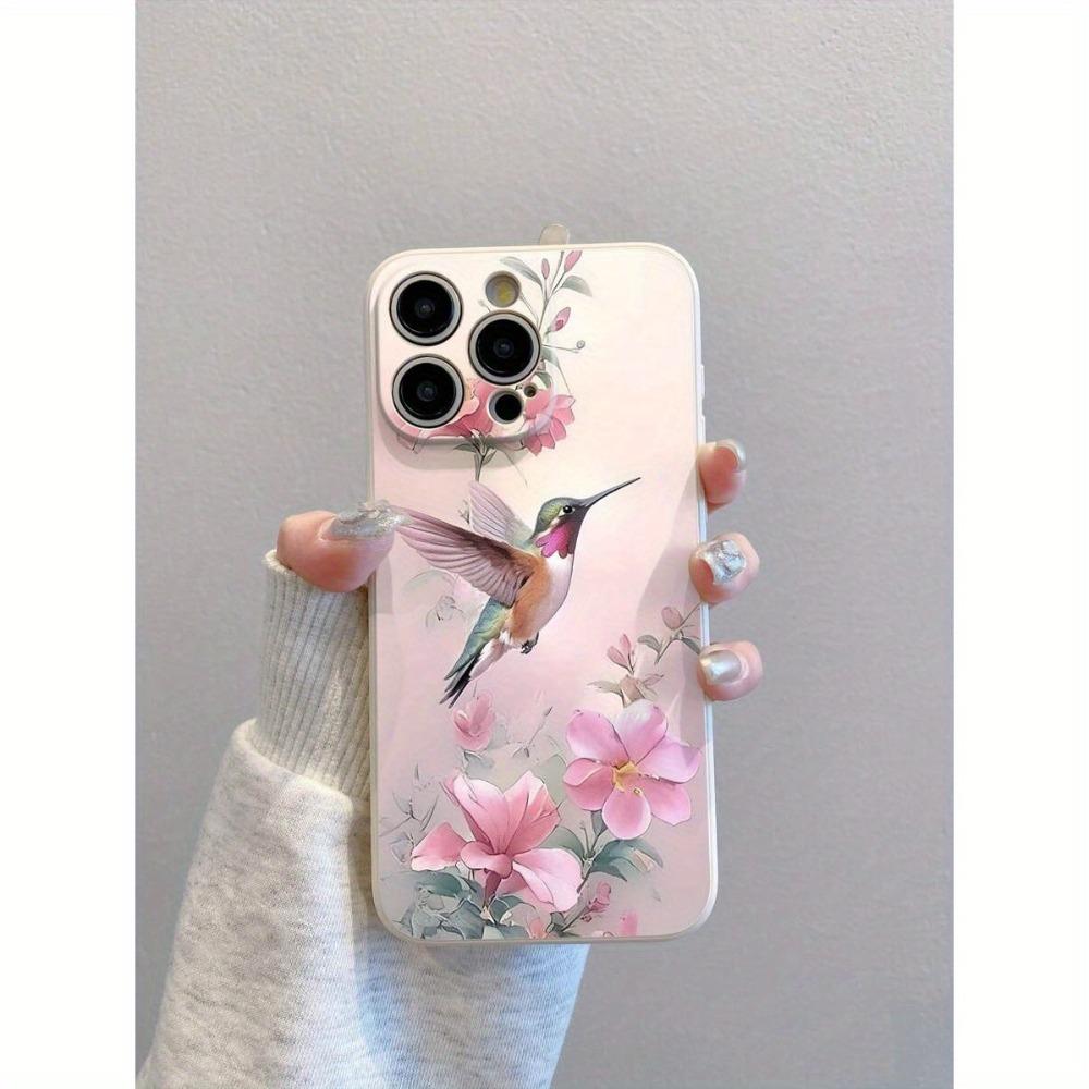 Pink flower hummingbird pattern phone case suitable for iPhone 17 16 15 14 13 12 11 Pro/Max/Plus anti drop and shockproof
