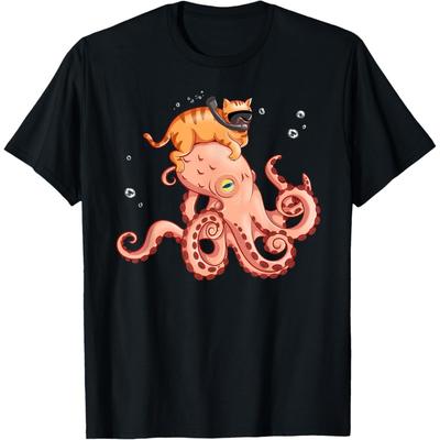 Cat Riding Octopus Funny T-Shirt T-Shirt