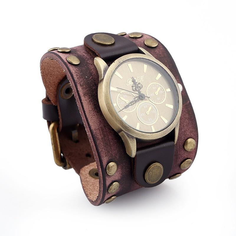 Mens Punk Style Vintage Leather Bracelet Watch With Rivets Wide Cuff Band Casual Fashion