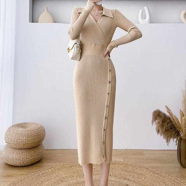 GMXIA Dress Fall Winter Waist Mid-length Wrap Hip Skirt with A Base Tight Knit Dress