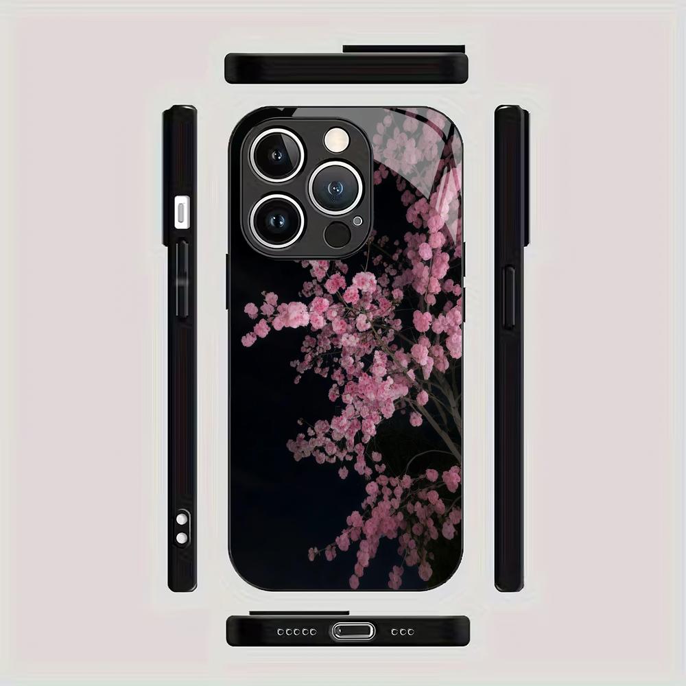 Cherry Blossom Tree Pattern Tempered Glass Phone Case Suitable for iPhone 17 16 15 14 13 12 11 Pro/Max/Plus Anti Drop Back Cover