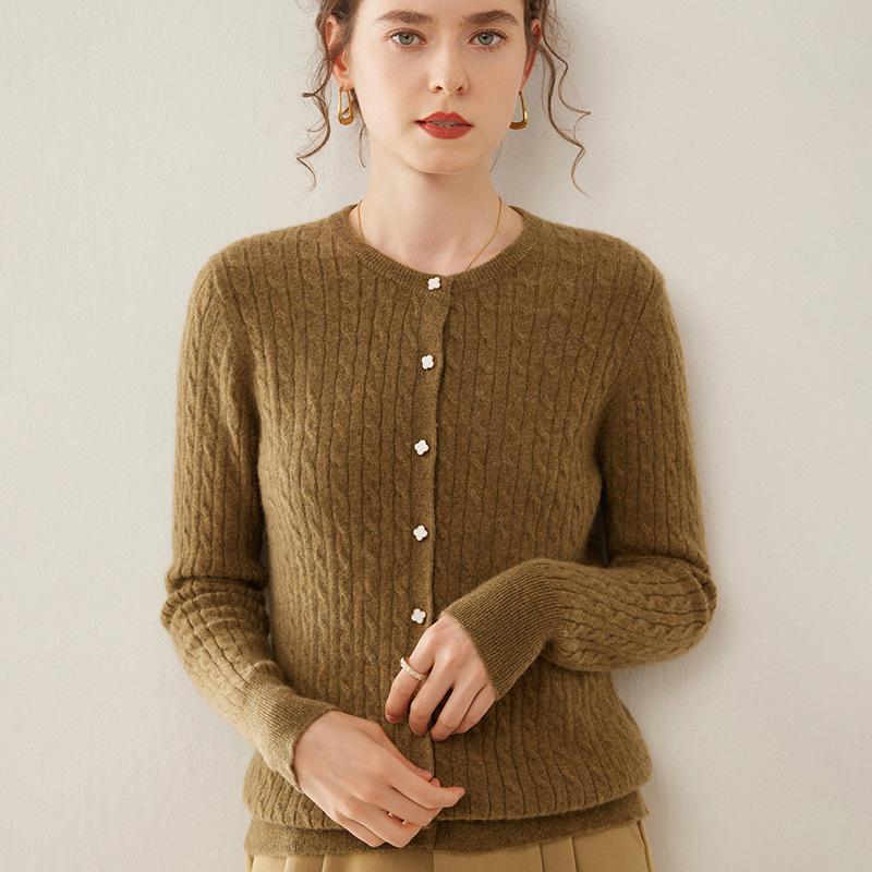 Damski kardigan z kaszmiru z warkoczowym splotem z okrągłym dekoltem – Styl koreański, dopasowany krój na jesień i zimę