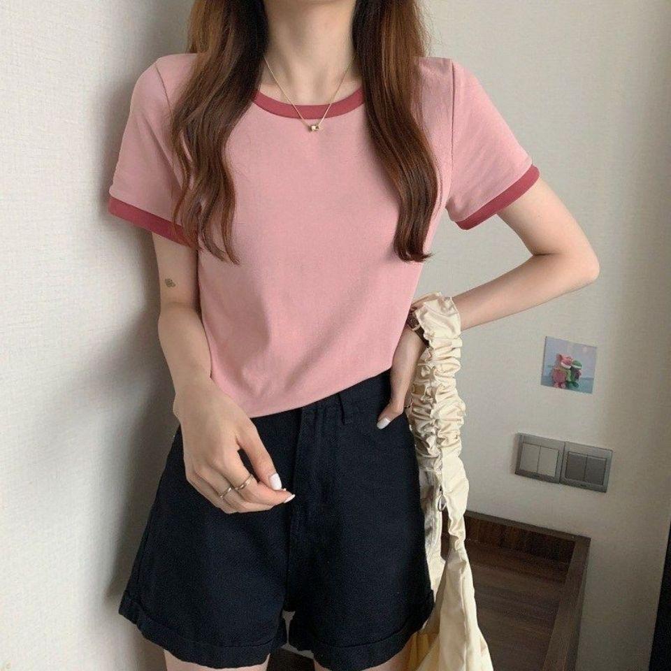 Contrast Color Round Neck Short-sleeved T-shirt for Women In Summer New Student Base Shirt Korean Slim Short Top for Women