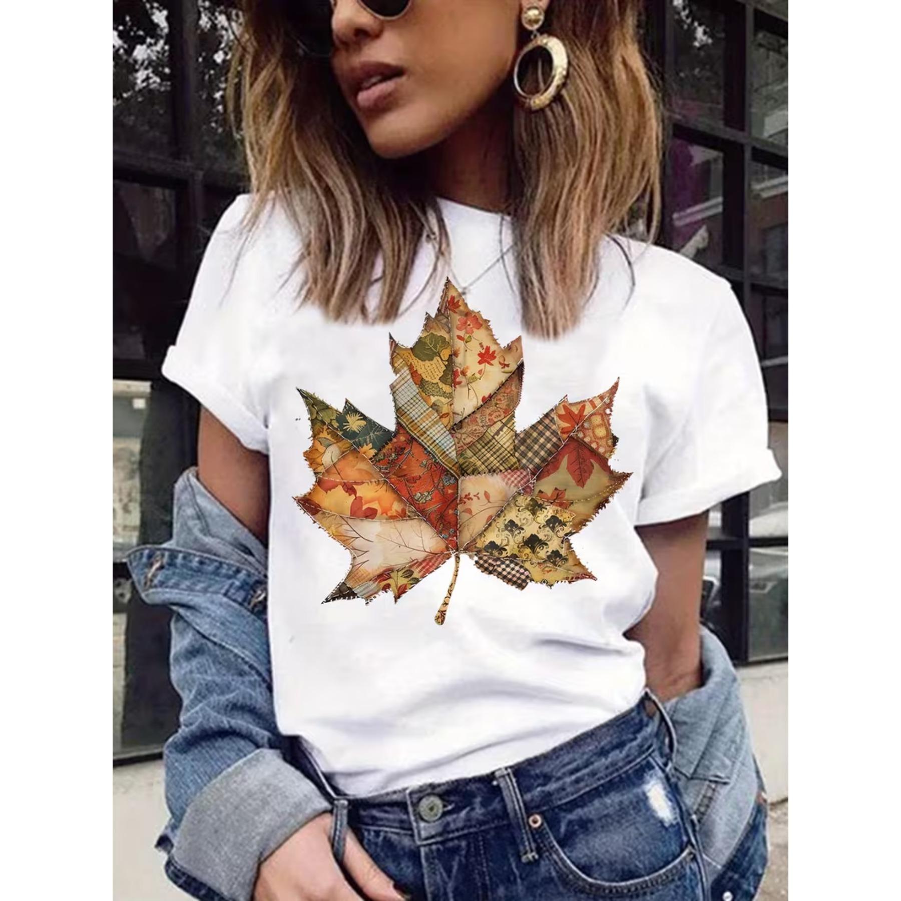 

Casual Short-Sleeve Crew Neck T-Shirt with A Preppy Floral Fall Leaf Design, Perfect for Summer and Spring, Designed for Women XXL білий