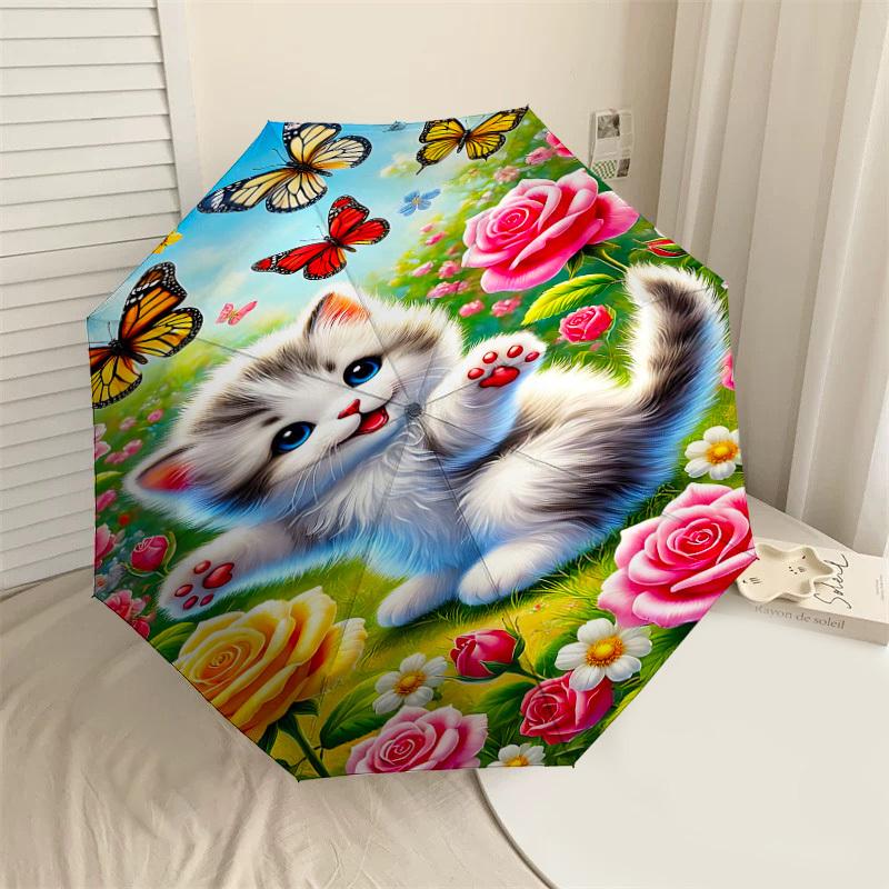 1PC cat flowers Automatic Open/Close Umbrella with Windproof, 8-Rib Sturdy Canopy, Durable Ribs, Fashionable Design, Outdoor Accessory, Fun Prin, Holi
