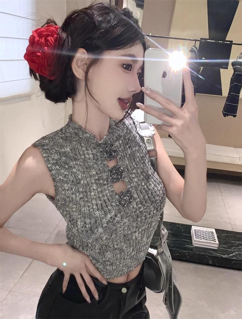 2025 Spring/Summer Hong Kong Style Spicy Girl 3D Floral Hollow Cropped Slim Vest Trendy Knitwear