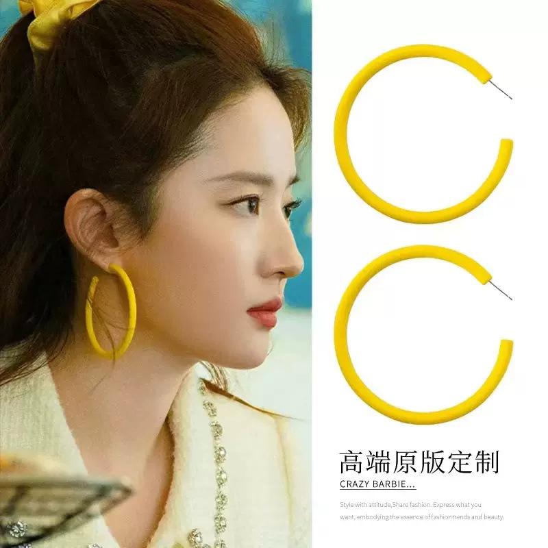 Yellow earrings retro personality temperament semi-round large circle earrings