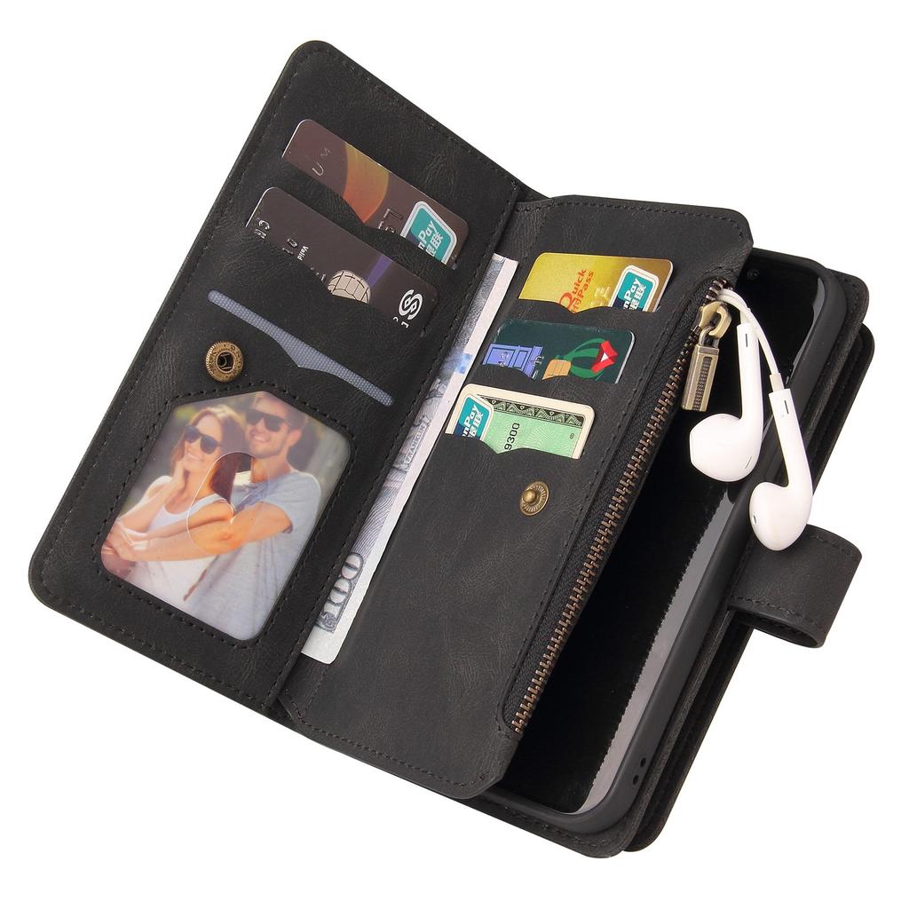 For iPhone 15 Zipper Wallet Case with 15 Card Slots and Strap Leather Phone Cover