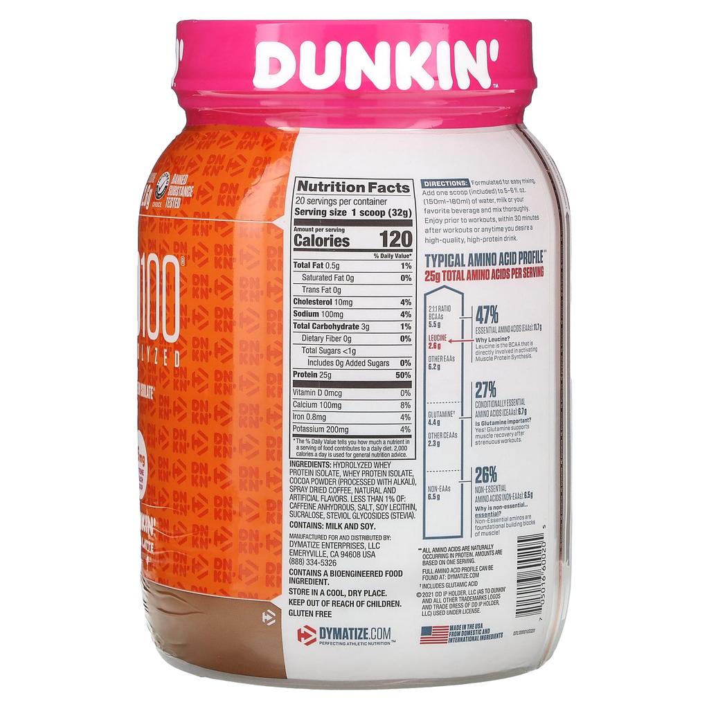 Iso100® Hydrolyzed, 100% Whey Protein Isolate, Dunkin Mocha Latte, 650G (1.4Lb)
