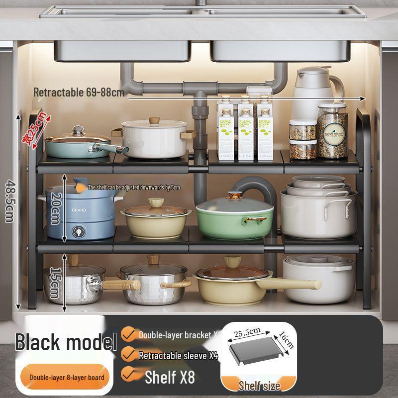 Retractable Under Sink Kitchen Organizer and Multifunctional Dish & Pot Rack