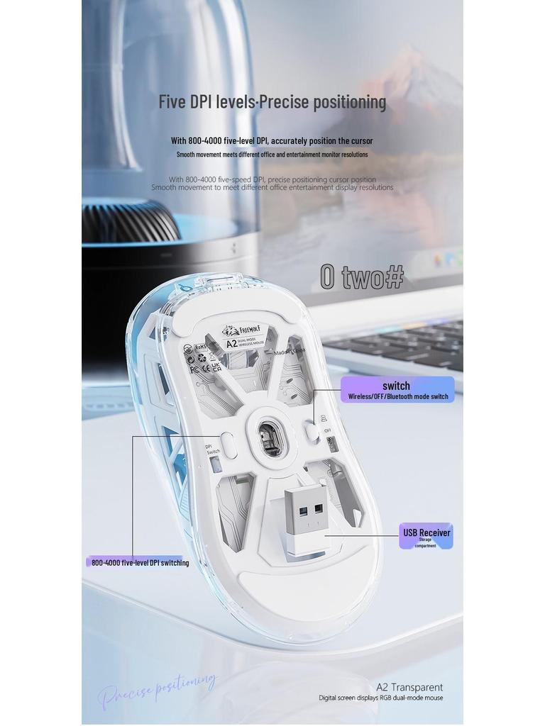 Free Wolf A2 Dual-Mode RGB Wireless Bluetooth Transparent Gaming Mouse