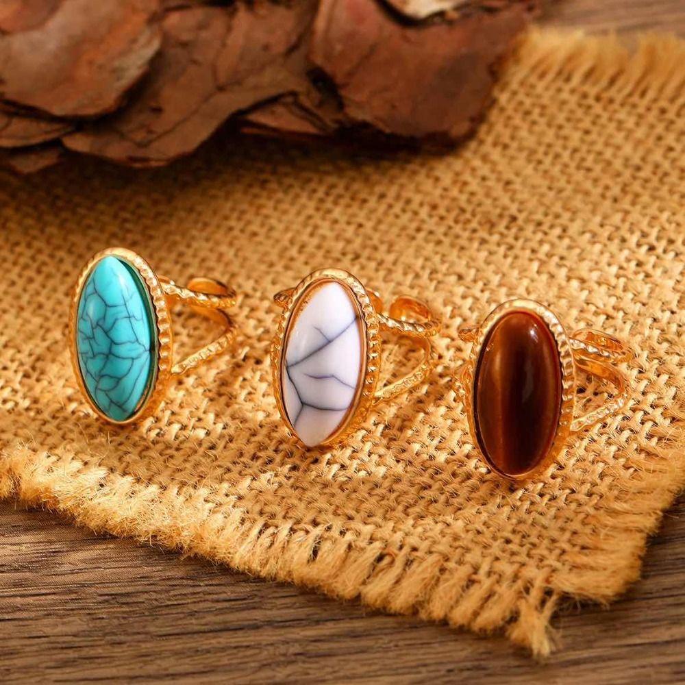 Korean Style Turquoise Metal Ring Geometric Wide Finger Buckle Retro Geometric Open Ring  Women