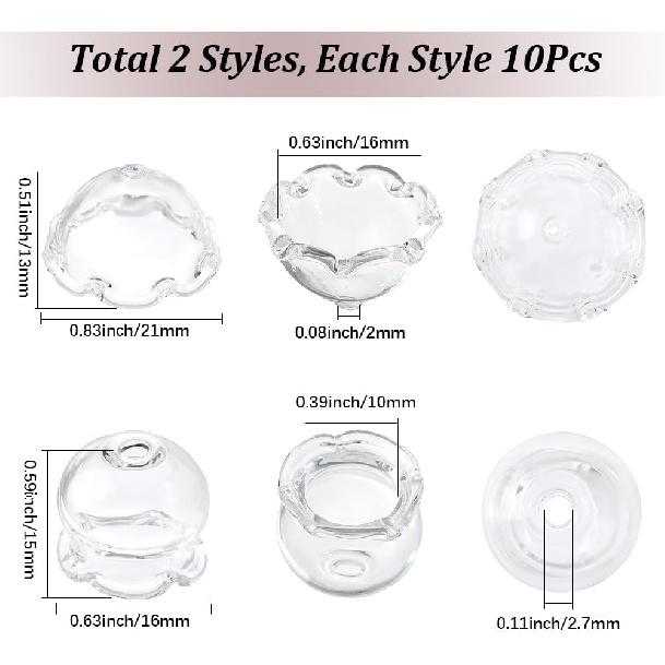 SUNNYCLUE 1 Box 20Pcs 2 Sizes Glass Flower Bead Caps Wind Chimes Beads Transparent Clear Jellyfish Trumpet Floral Wind Bell Loose Pendants for