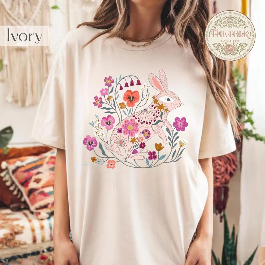 Vintage Folk Art Bunny Shirt, Aesthetic Floral Rabbit Tee, Cottagecore Nature Lover Gift, Retro Wildflower Bunny Tshirt, Comfort Colors Tee