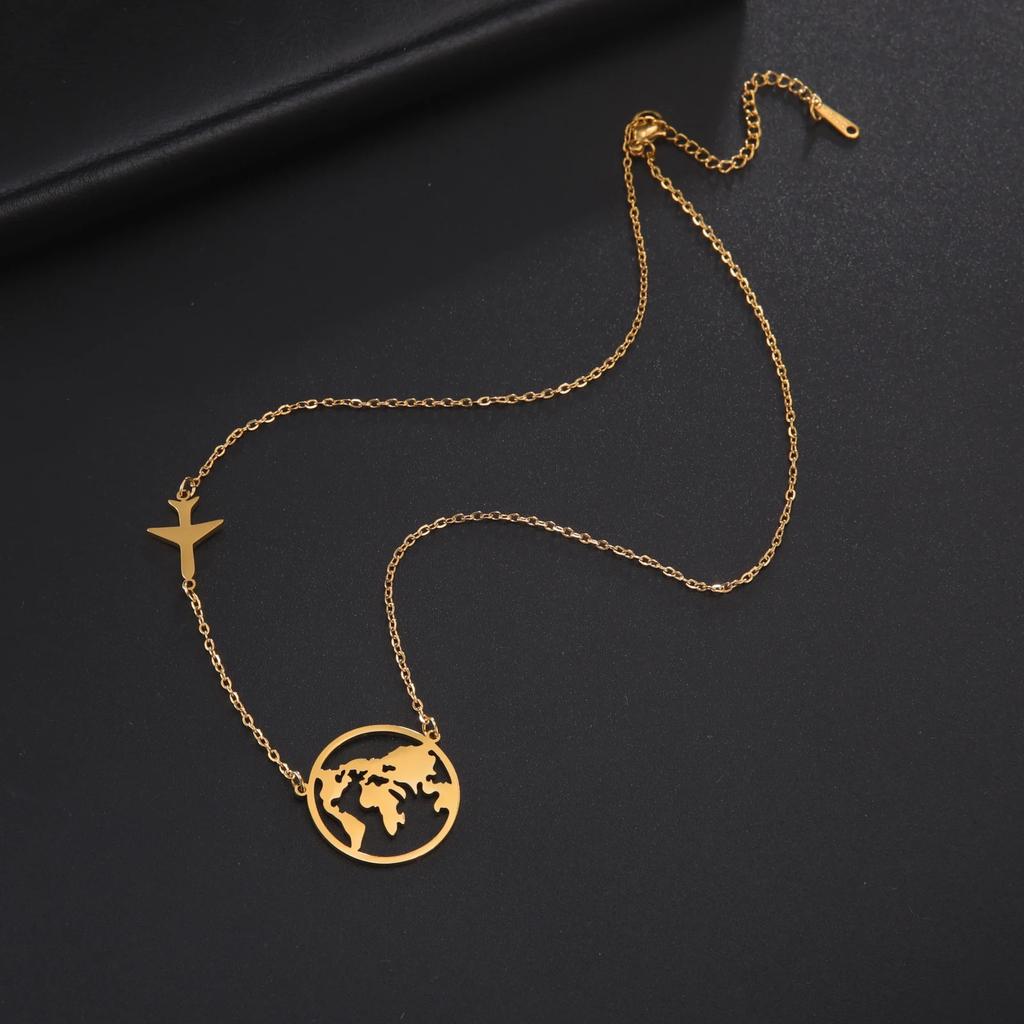 Jeshayuan Hollow World Map Necklace Aircraft And Globe Circle Charm Necklace Birthday Gifts