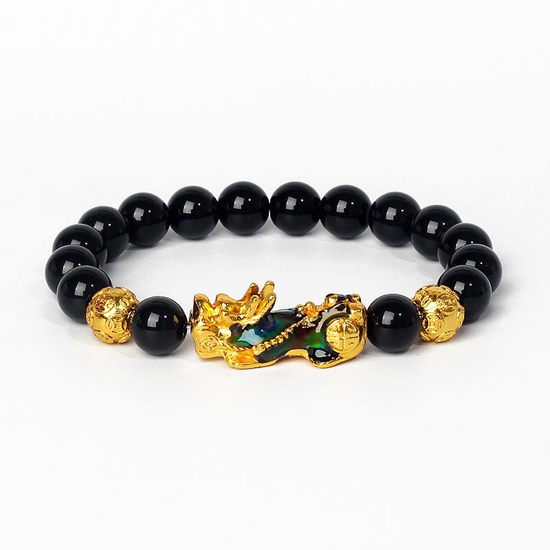 Feng Shui Black Obsidian Wealth Bracelets Men Color Changed Pi Xiu Bracelets Women 10mm Dragon Mantra Bead Bangle Lucky Jewelry