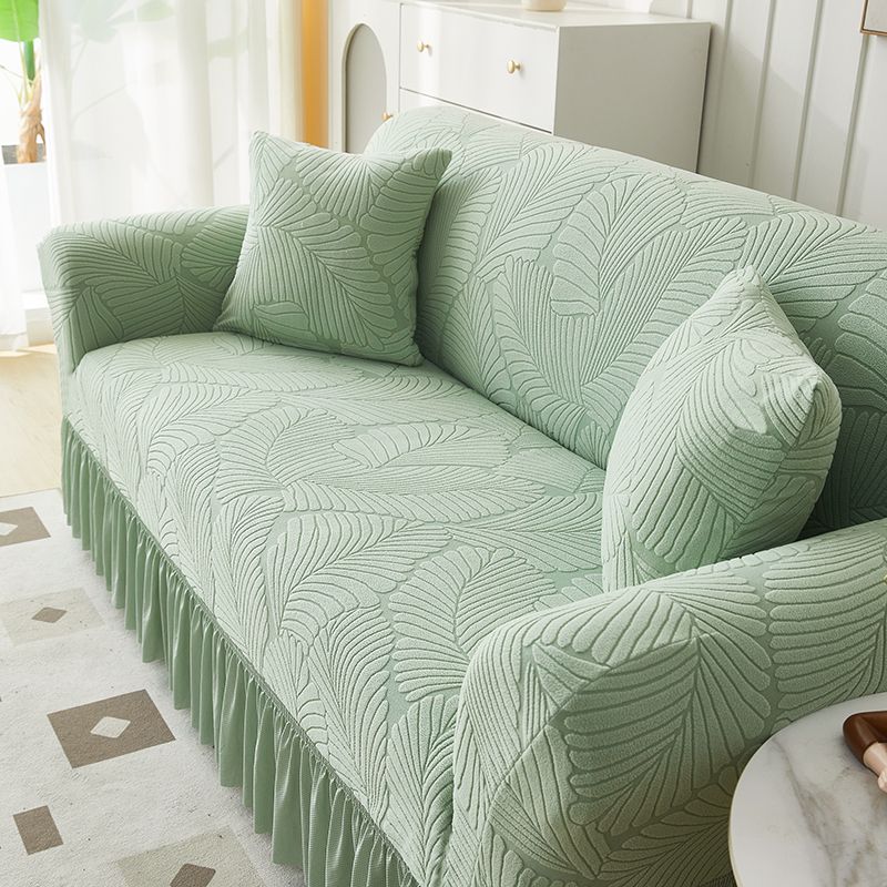 Elegant White Jacquard Sofa Cover with Ruffled Skirt Couch Protector for All Seasons, Modern Leaf Pattern Design, Elastic Fit for Living Room, Bedroom