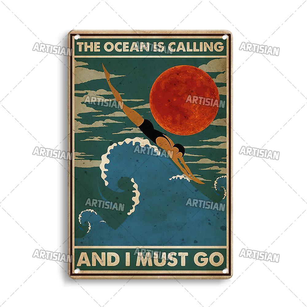 Artisian Swimming Metal Poster Diving Tin Sign Sport Decorative Plaque Ocean Wall Decor Garage Bar Pub Club Hotel Cafe Kitchen