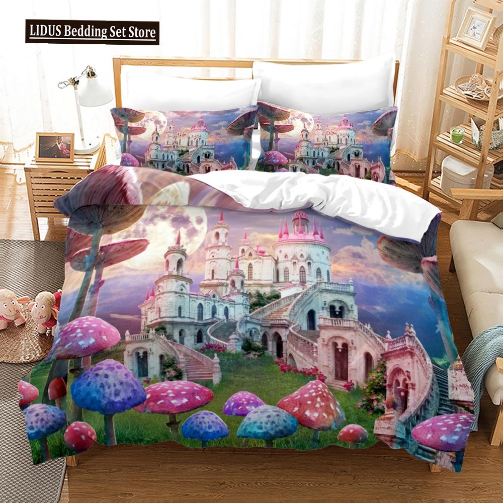 Mushroom Duvet Cover Set King Queen Size Star Purple Blue Trippy Mushroom Pattern Cartoon Polyester Bedding Set For Kid Boy Girl