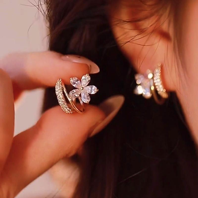 Neue Mode Ohrringe Zirkon Blume U Ring Ohrstecker Damen Leichter Luxus Vielseitig Temperament Schmuck Geschenke