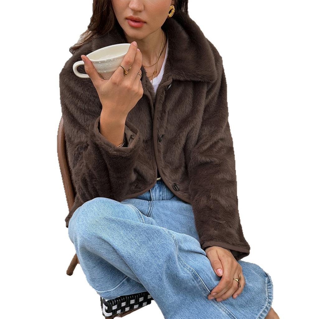 Elegant Plush Button Long Sleeve Coat Jacket Women 2025 Autumn Winter