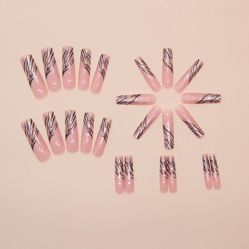 Long water pipe nail outer size fake nail manicure tablet pink silver wave three-dimensional manicure patch French nail tablet
