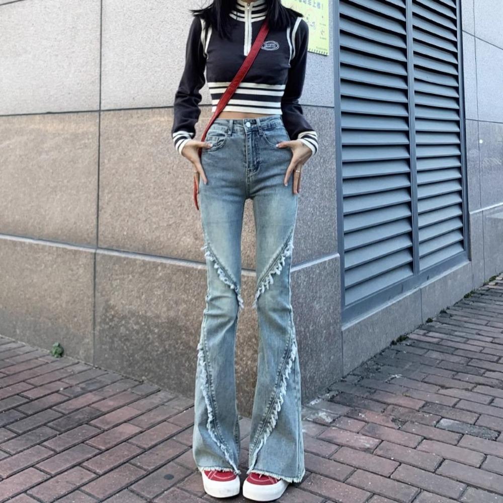 Personalized splicing micro-pull jeans women's spring and autumn new high-waisted slim-fitting and thin versatile horseshoe flared pants