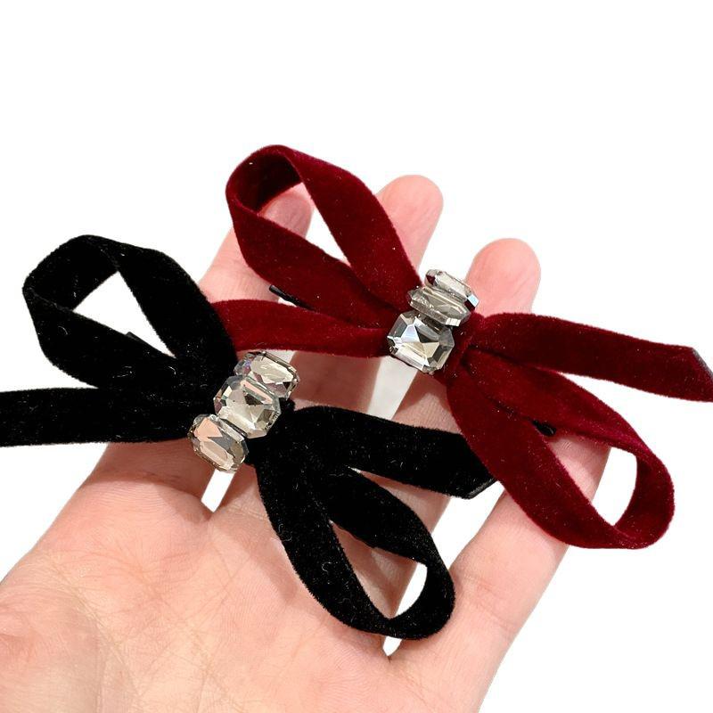 High-End Retro Velvet Rhinestone Black Bow Hairpin for Women