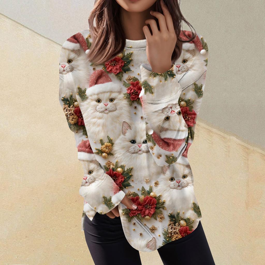 Pullover-Oberteil mit lässigem Modedruck für Damen, langärmelig, Rundhalsausschnitt