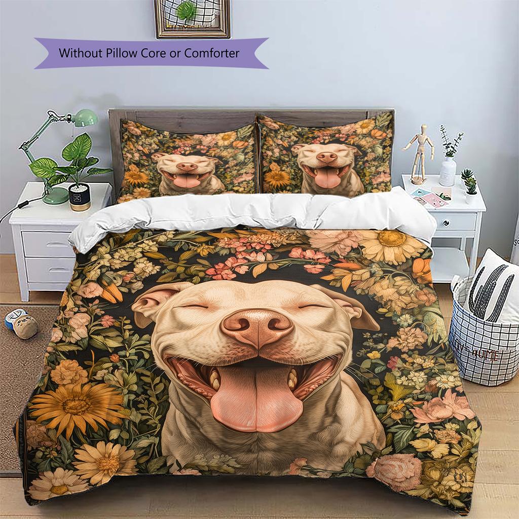 Happy Pitbull Pattern Bedding Home Decoration Birthday Gift (1 * duvet cover + 2 * pillowcase, without core)