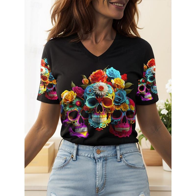 Women s T Shirt Skulls Floral Graphic Vintage Stylish Classic Short Sleeve V Neck Regular Tops Daily Print Black Orange Gray Summer Spring S