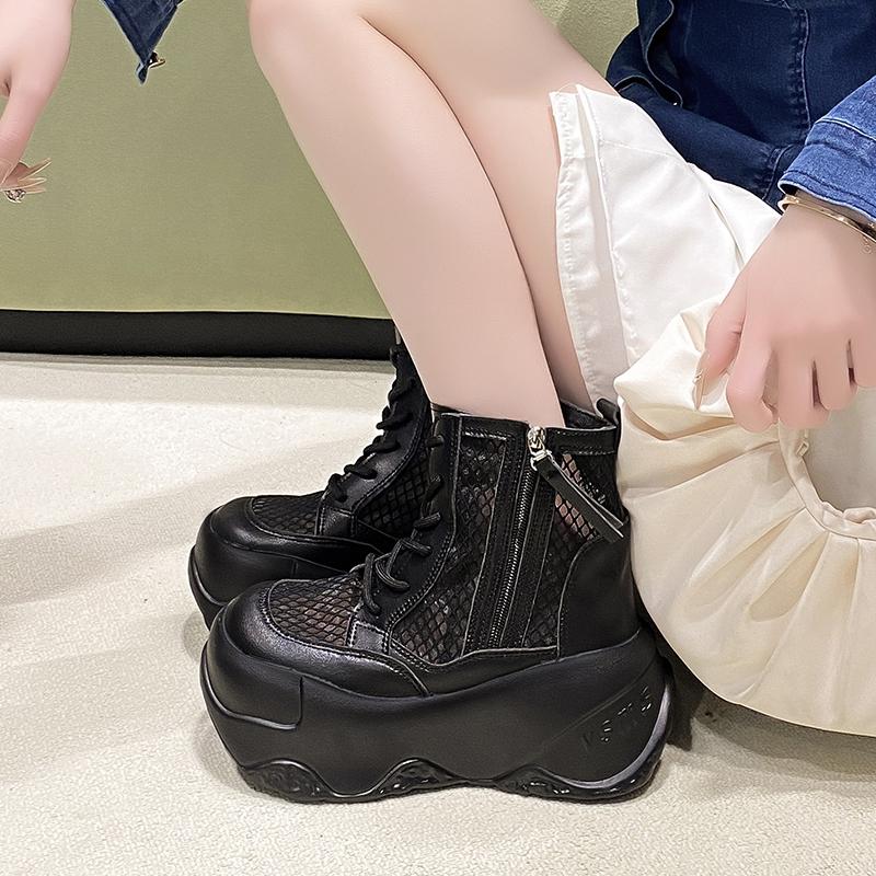 Fashion Women Summer Grid Boots 2025 Breathable Mesh Sneakers High Platform Hollow Ankle Boots For Woman Lace-up Outdoor Chunky Shoes