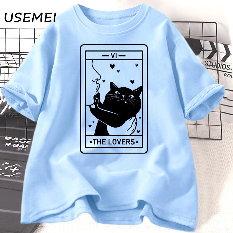 Tarot The Lovers T Shirt Cotton Short Sleeve Cat Lover T-shirt Crazy Cat Lady Graphic Tees Harajuku Casual Vintage Clothes Tees