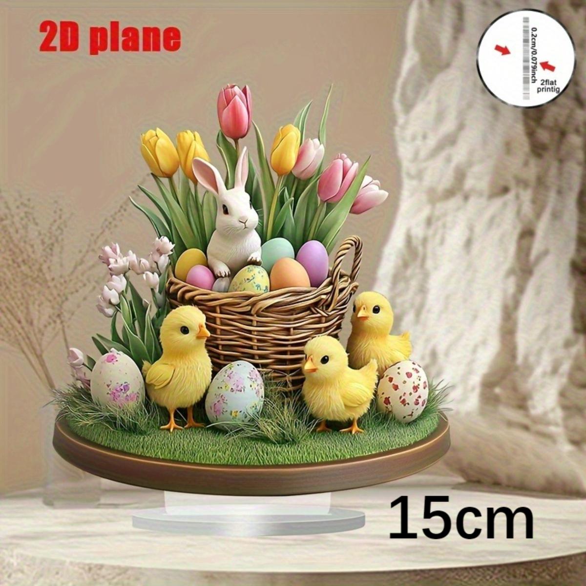 

Декор к Пасхе в стиле Бохо: Кролик и Цыплята с Тюльпанами и Цветными Яйцами, 2D Плоский Акриловый Орнамент для Дома, Офиса и Кафе