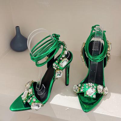 Fashion Liyke Sexy Green Cross Ankle Strap Sandals Women Party Club Stripper Heels High Quality Crystal Diamond Pointed Toe Wedding Shoe